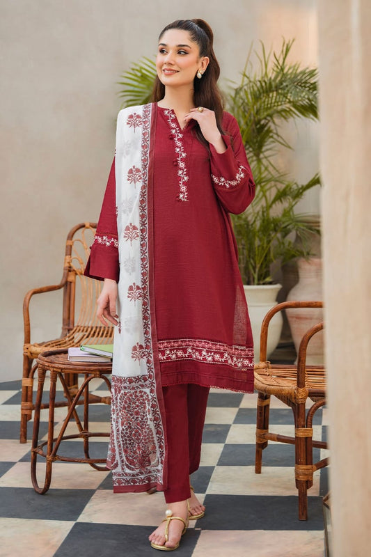 ZIVA - 3PC DHANAK EMBROIDERED SHIRT WITH COUTURE PRINTED SHAWL AND TROUSER-BIC-3221