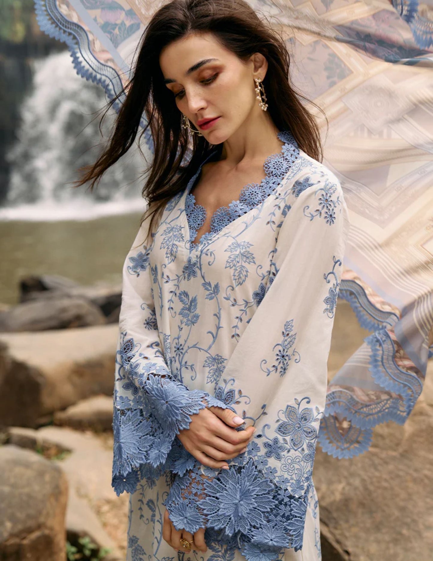 IMAGE-3PC LAWN EMBROIDERED SHIRT WITH MONARK PRINT DUPATTA & LAWN TROUSER-3597