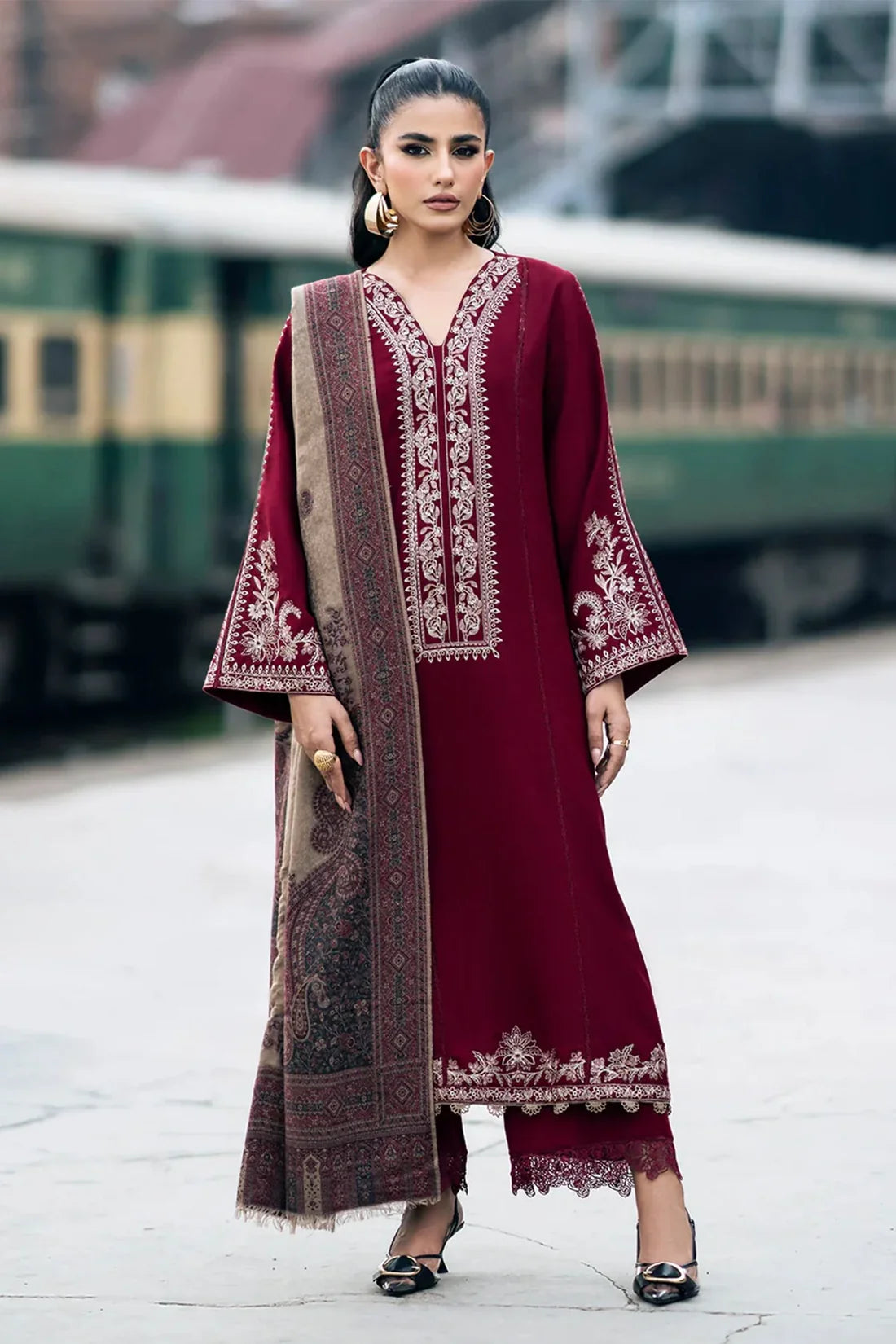 IZEL-3PC DHANAK EMBROIDERED SHIRT WITH COUTURE PRINT SHAWL AND TROUSER-BIC-3332