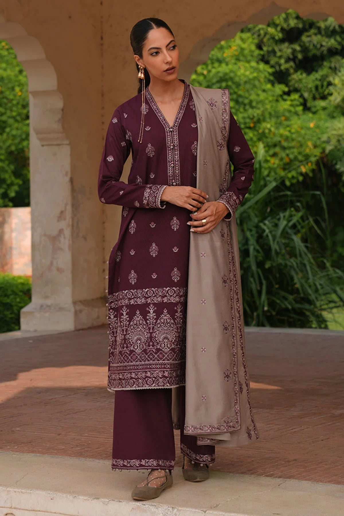 IMAGE-3PC DHANAK EMBROIDERED SHIRT DHANAK EMBROIDERED SHAWL AND TROUSER-BIC-3333