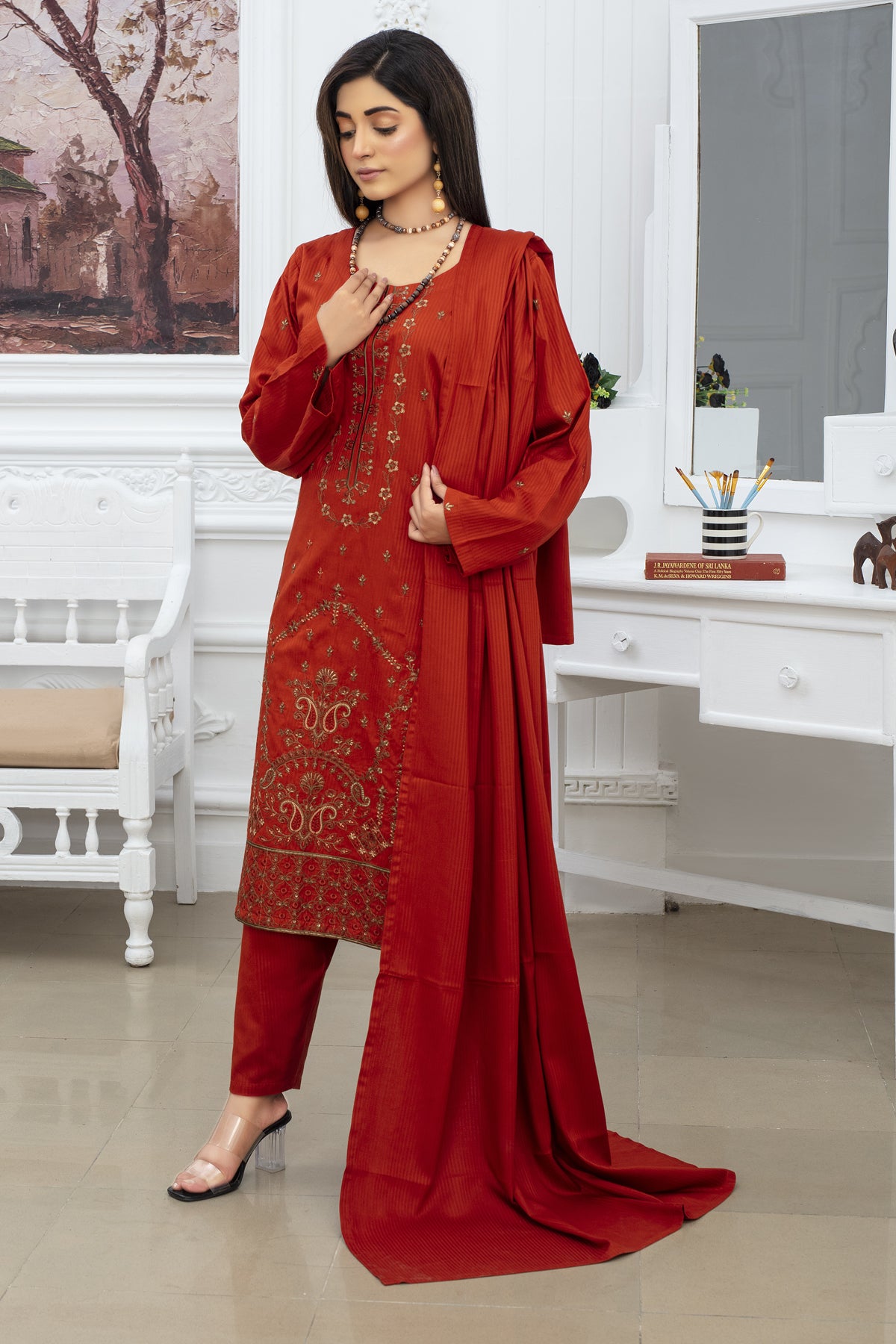 BRANDINN-3PC VISCOUS EMBROIDRED SHIRT WITH VISCOUS  SHAWL AND TROUSER-BIC-