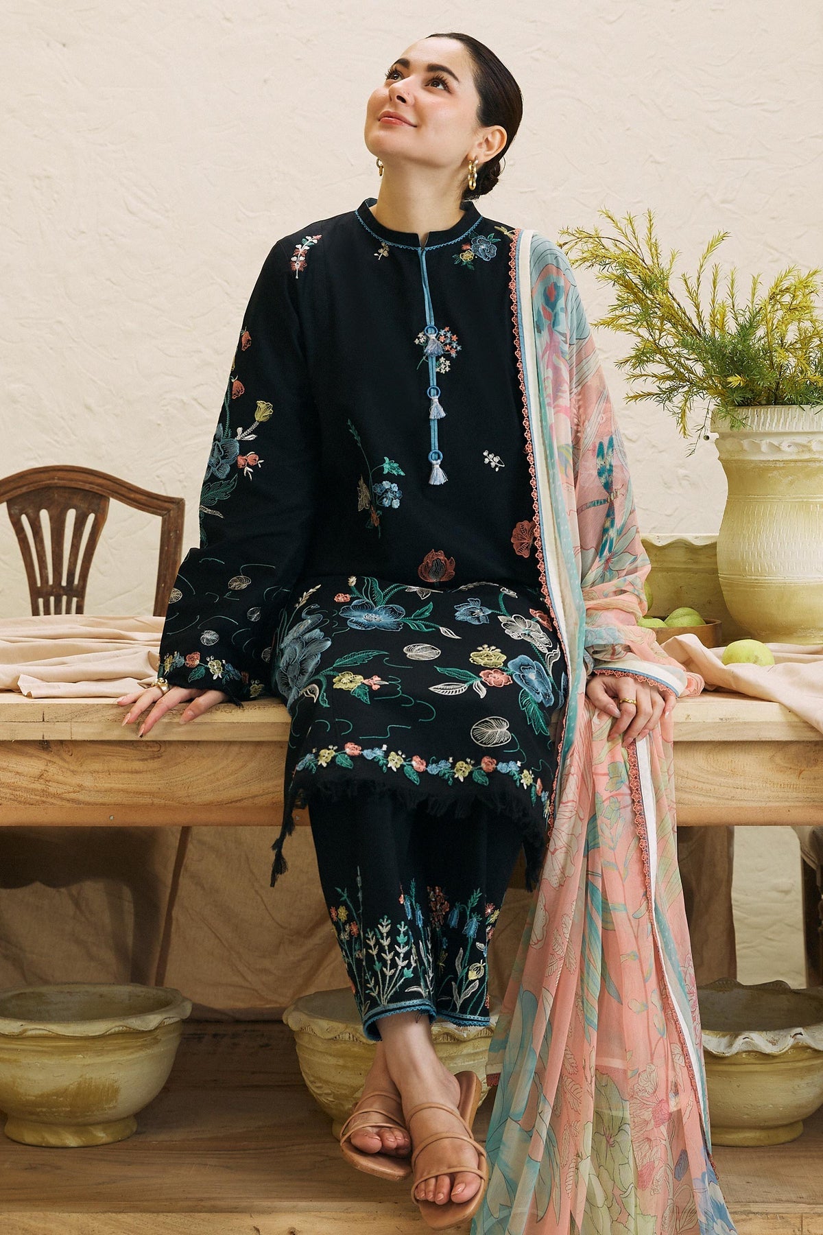 ZAHRA SHAHJAHAN- 3PC DHANAK EMBROIDERED SHIRT WITH WOOL PRINT SHAWL -BIC-3214