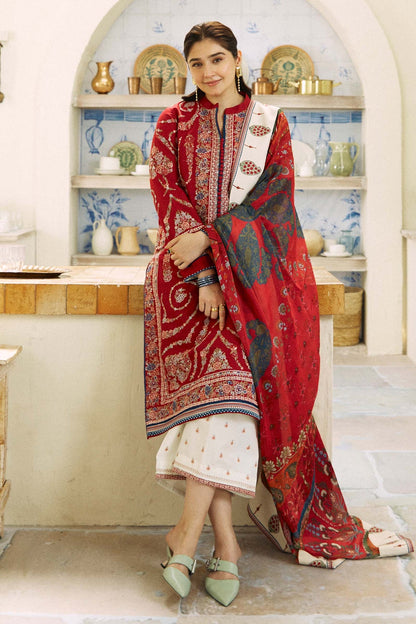 ZAHRA SHAHJAHAN- 3PC DHANAK EMBROIDERED SHIRT WITH COUTURE PRINT SHAWL AND EMBROIDERED TROUSER-BIC-3180