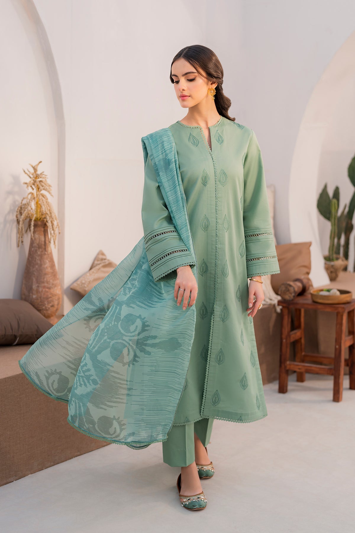 HANA- 3PC LAWN EMBROIDERED SHIRT WITH MONARK PRINT DUPATTA AND TROUSER-BIC-2867