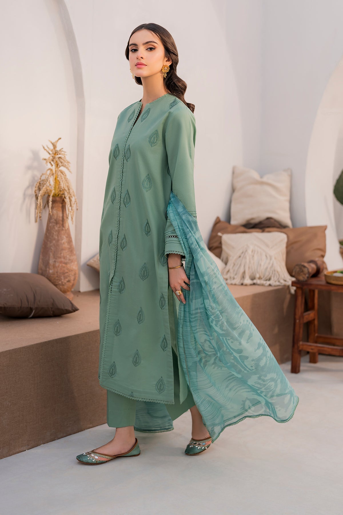 HANA- 3PC LAWN EMBROIDERED SHIRT WITH MONARK PRINT DUPATTA AND TROUSER-BIC-2867