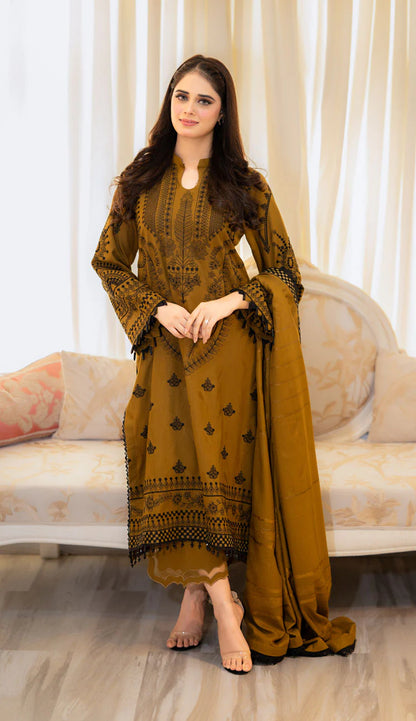 LIBAAS-3PC DHANAK EMBROIDERED SHIRT WITH VELVET DHANAK EMBROIDERED SHAWL & TROUSER-BIC-3386