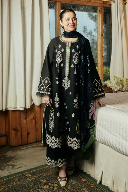 ZAHRA SHAHJAHAN- 3PC LAWN EMBROIDERED SHIRT WITH DIAMOND PRINT DUPATTA-BIC-2853-BLACK