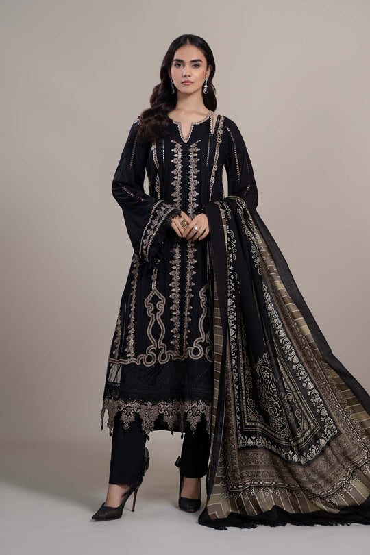 MARIA B - 3PC DHANAK  EMBROIDERED SHIRT WITH COUTURE WOOL PRINT SHAWL AND DHANAK TROUSER-BIC-3110-BLACK