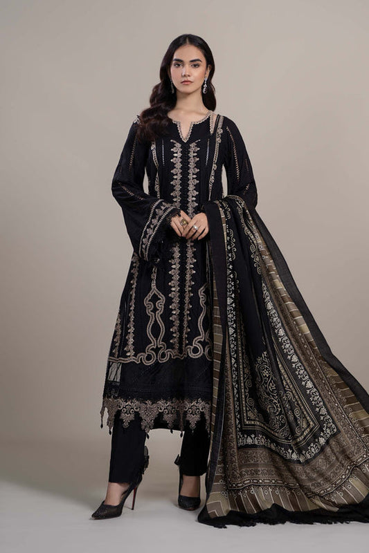 MARIA B - 3PC DHANAK  EMBROIDERED SHIRT WITH COUTURE WOOL PRINT SHAWL AND LAWN TROUSER-BIC-3110-BLACK