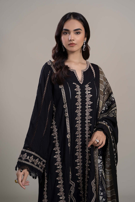 MARIA B - 3PC DHANAK  EMBROIDERED SHIRT WITH COUTURE WOOL PRINT SHAWL AND DHANAK TROUSER-BIC-3110-BLACK