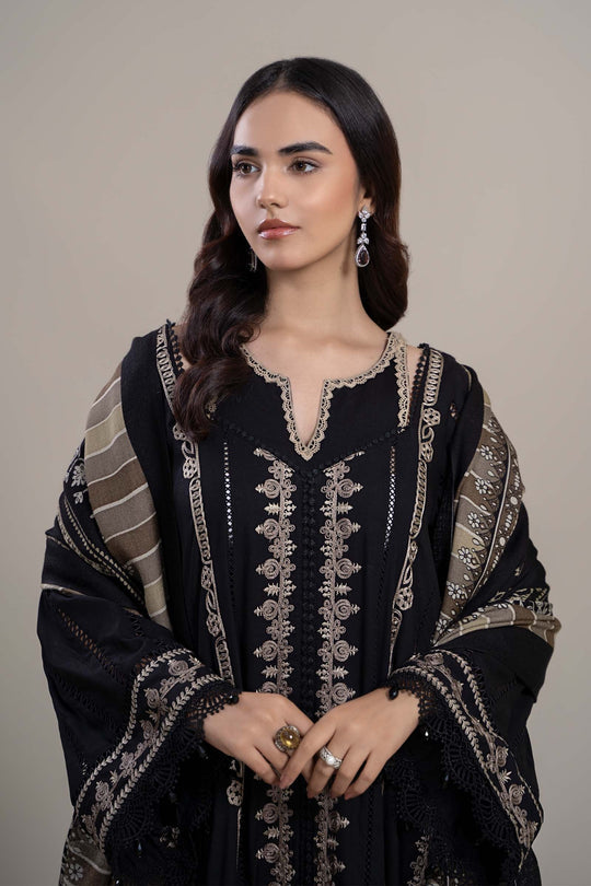 MARIA B - 3PC DHANAK  EMBROIDERED SHIRT WITH COUTURE WOOL PRINT SHAWL AND DHANAK TROUSER-BIC-3110-BLACK