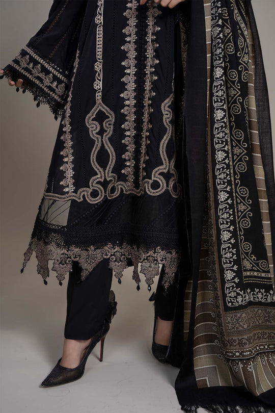 MARIA B - 3PC DHANAK  EMBROIDERED SHIRT WITH COUTURE WOOL PRINT SHAWL AND DHANAK TROUSER-BIC-3110-BLACK