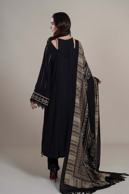 MARIA B - 3PC DHANAK  EMBROIDERED SHIRT WITH COUTURE WOOL PRINT SHAWL AND DHANAK TROUSER-BIC-3110-BLACK