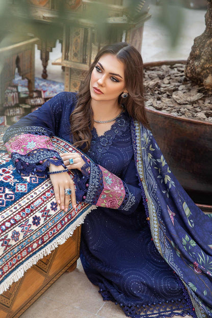 MARIA B - 3PC DHANAK SEQUENCE EMBROIDERED SHIRT WITH WOOL PRINTED SHAWL AND TROUSER-BIC-3238