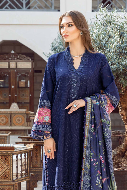 MARIA B - 3PC DHANAK SEQUENCE EMBROIDERED SHIRT WITH WOOL PRINTED SHAWL AND TROUSER-BIC-3238