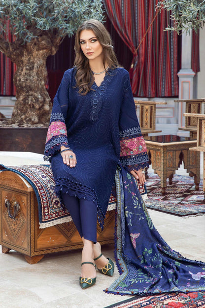 MARIA B - 3PC DHANAK SEQUENCE EMBROIDERED SHIRT WITH WOOL PRINTED SHAWL AND TROUSER-BIC-3238