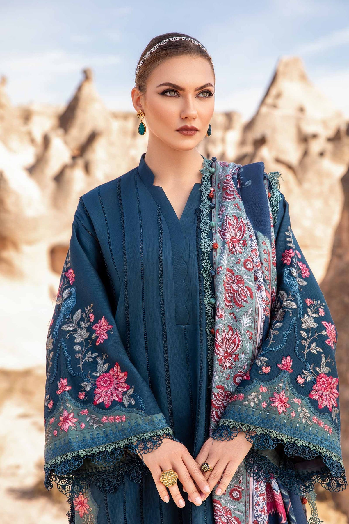 MARIA B - 3PC DHANAK EMBROIDERED SHIRT WITH COUTURE PRINT SHAWL AND TROUSER-BIC-2640