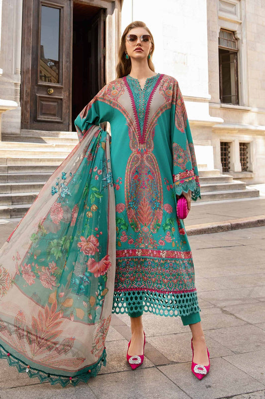 MARIA B- 3PC KARANDI PRINTED EMBROIDERED SHIRT WITH KARANDI PRINTED SHAWL AND KARANDI PRINTED TROUSER-BIC-3255-B