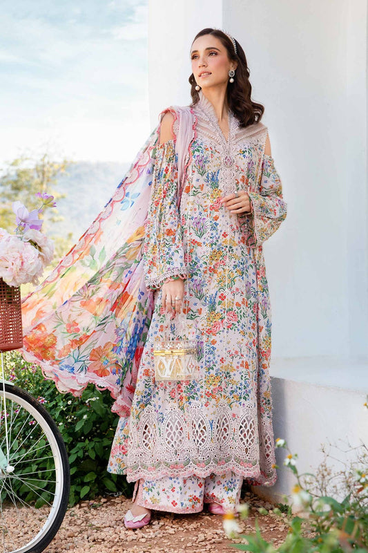 MARIA.B-3PC LAWN PRINTED EMB SHIRT WITH CHIFFON PRINT DUPATTA AND PRINT TROUSER-BIC-2503  (DELIVERY AFTER 15 DAYS)