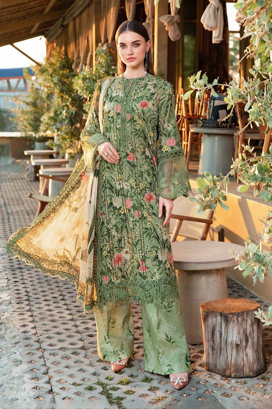 MARIA.B-3PC LAWN PRINTED EMB SHIRT WITH CHIFFON PRINT DUPATTA AND PRINT TROUSER-BIC-2506  (DELIVERY AFTER 15 DAYS)