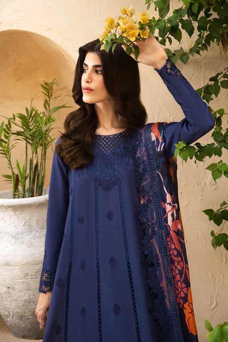 AZURE-3PC LAWN EMBROIDERED SHIRT WITH MONARK PRINT DUPATTA AND TROUSER-BIC-3547