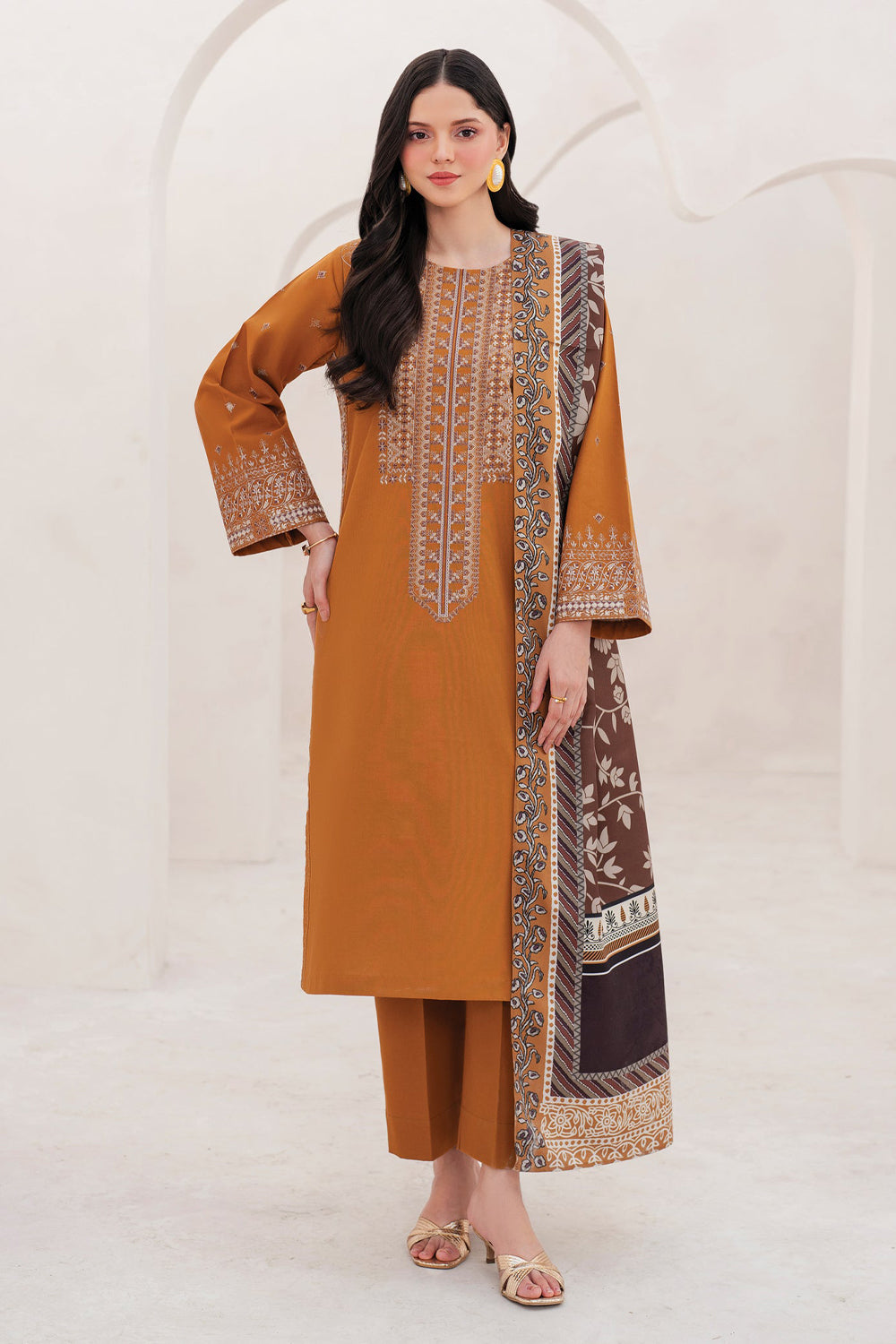 GARNET-3PC LAWN EMBROIDERED SHIRT WITH MONARK PRINT DUPATTA AND TROUSER-BIC-3534