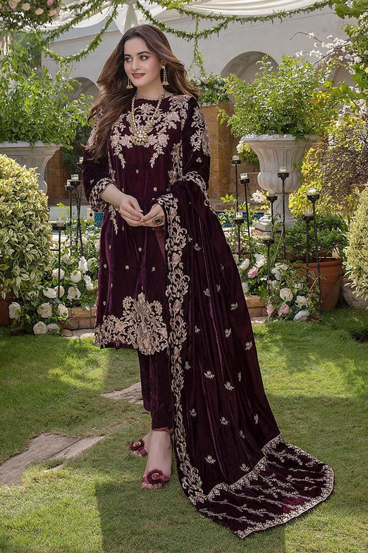 AIMAN MINAL 3PC- VELVET EMBROIDERED SHIRT WITH VELVET EMBROIDERED  SHAWL AND SILK TROUSER  -BIC-D.5-9000.MICRO