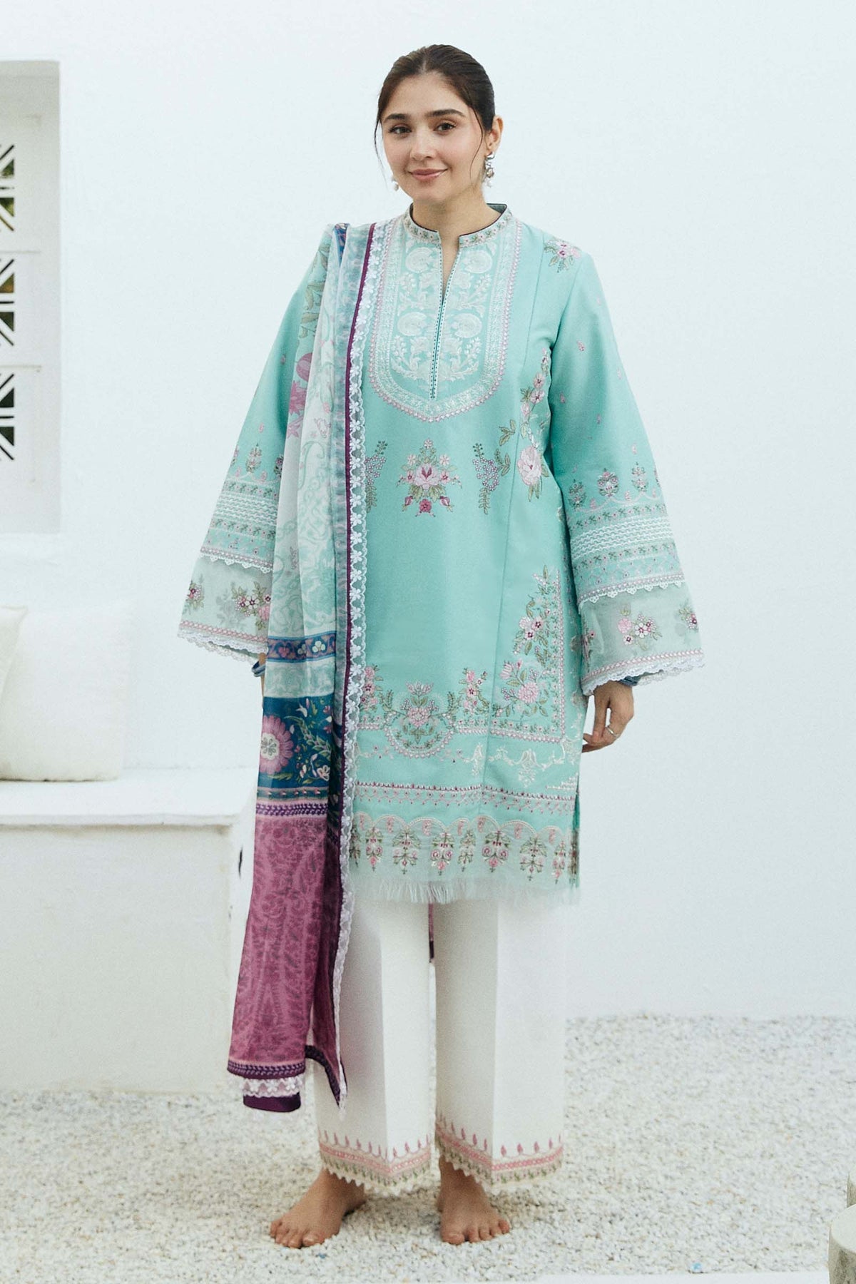 ZAHRA SHAHJAHAN- 3PC LAWN EMBROIDERED SHIRT WITH MONARK PRINT DUPATTA-BIC-3640