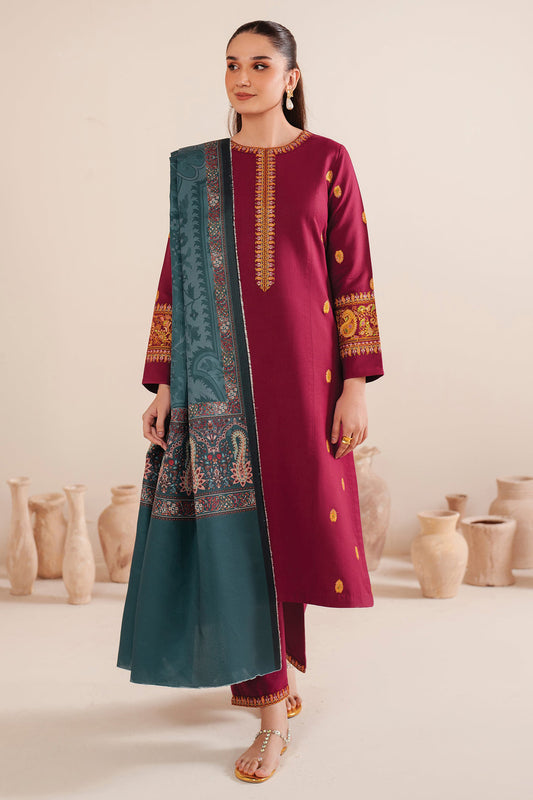 GARNET-3PC LAWN EMBROIDERED SHIRT WITH MONARK PRINT DUPATTA AND TROUSER-BIC-3535