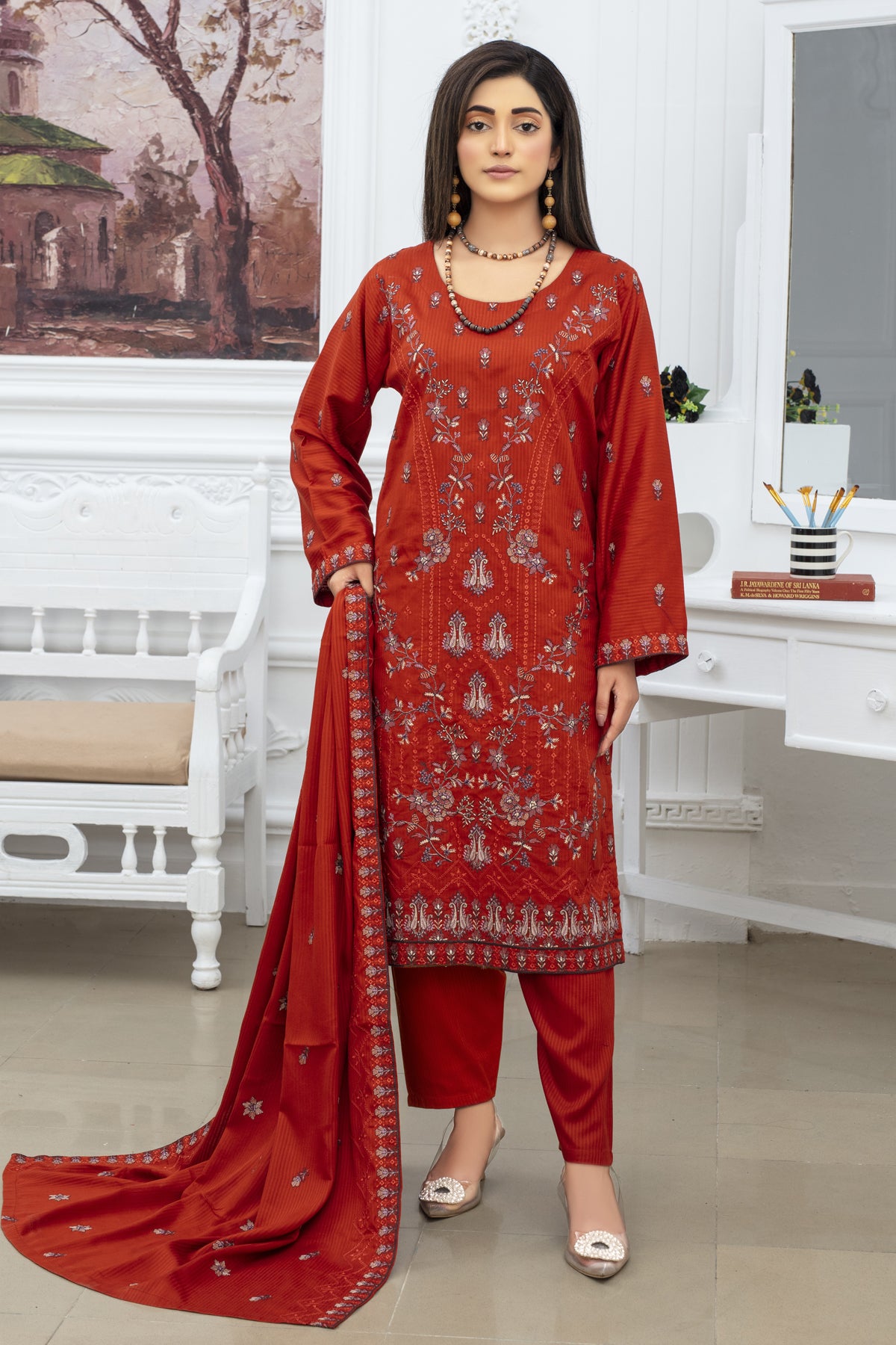 BRANDINN-3PC VISCOUS EMBROIDRED SHIRT WITH VISCOUS  SHAWL AND TROUSER-BIC-