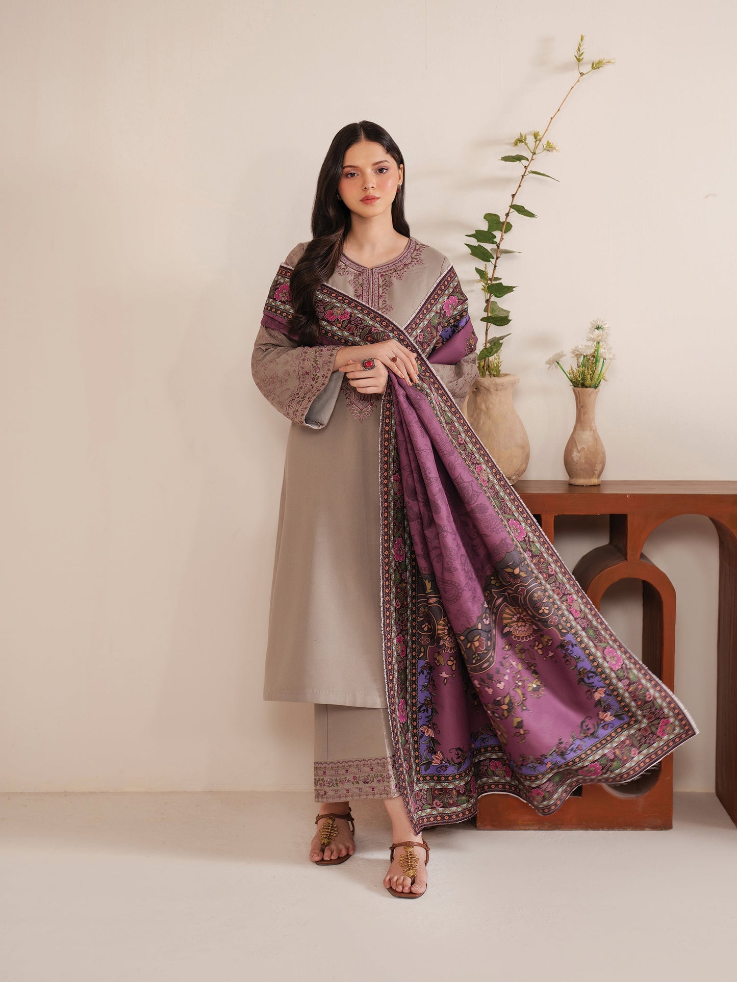 GARNET-3PC LAWN EMBROIDERED SHIRT WITH MONARK PRINT DUPATTA AND TROUSER-BIC-3538