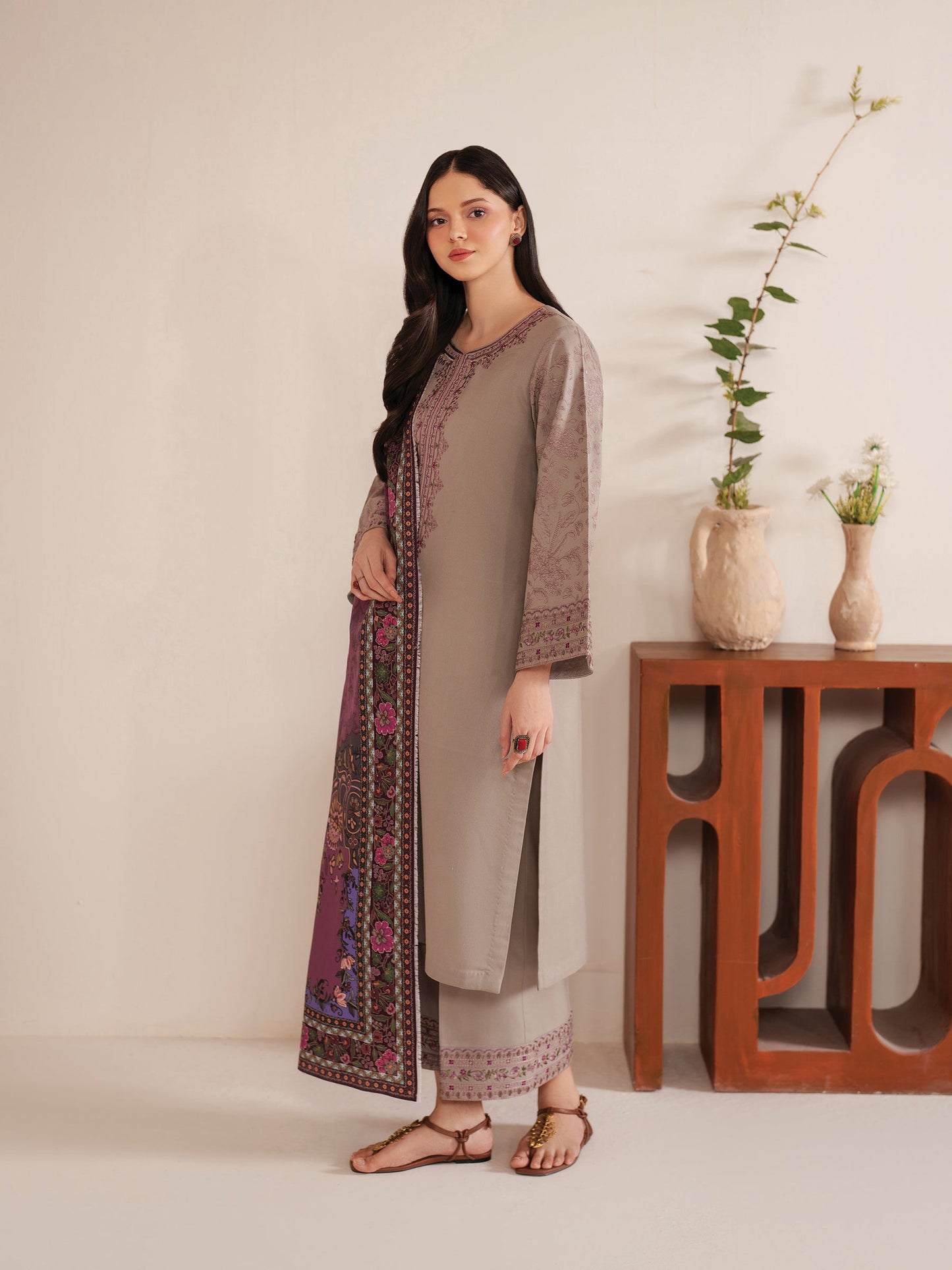 GARNET-3PC LAWN EMBROIDERED SHIRT WITH MONARK PRINT DUPATTA AND TROUSER-BIC-3538