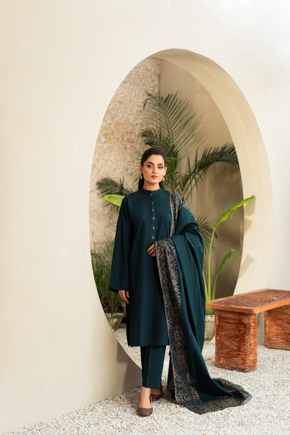 KASTOOR-3PC DHANAK SHIRT WITH WOOL PRINTED SHAWL AND TROUSER-BIC-3415