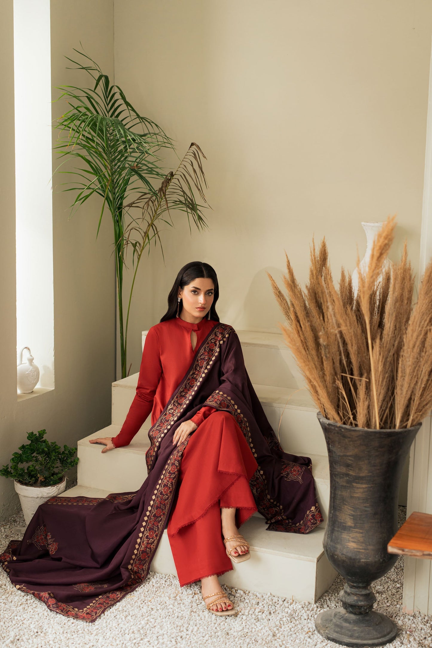 KASTOOR-3PC DHANAK SHIRT WITH WOOL PRINTED SHAWL AND TROUSER-BIC-3422