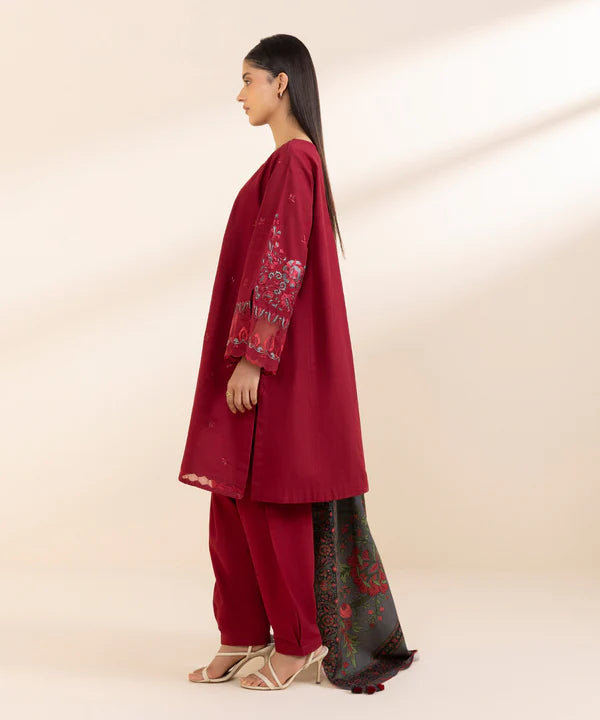 SAPPHIRE-3PC DHANAK EMBROIDERED SHIRT WITH WOOL PRINT SHAWL & TROUSER-BIC-3394