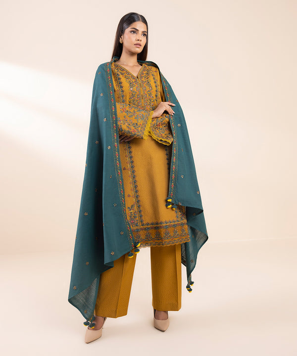 SAPPHIRE- 3PC DHANAK EMBROIDERED SHIRT WITH DHANAK EMBROIDERED SHAWL AND TROUSER-BIC-3374