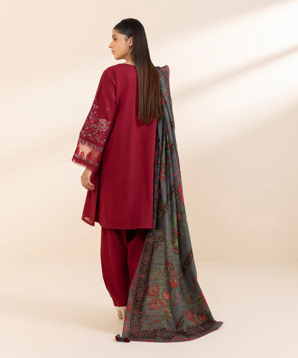 SAPPHIRE-3PC DHANAK EMBROIDERED SHIRT WITH WOOL PRINT SHAWL & TROUSER-BIC-3394