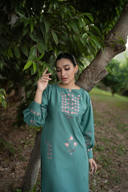 HANA- 2PC DHANAK EMBROIDERED SHIRT WITH DHANAK EMBROIDERED SLEEVES-BIC-3370