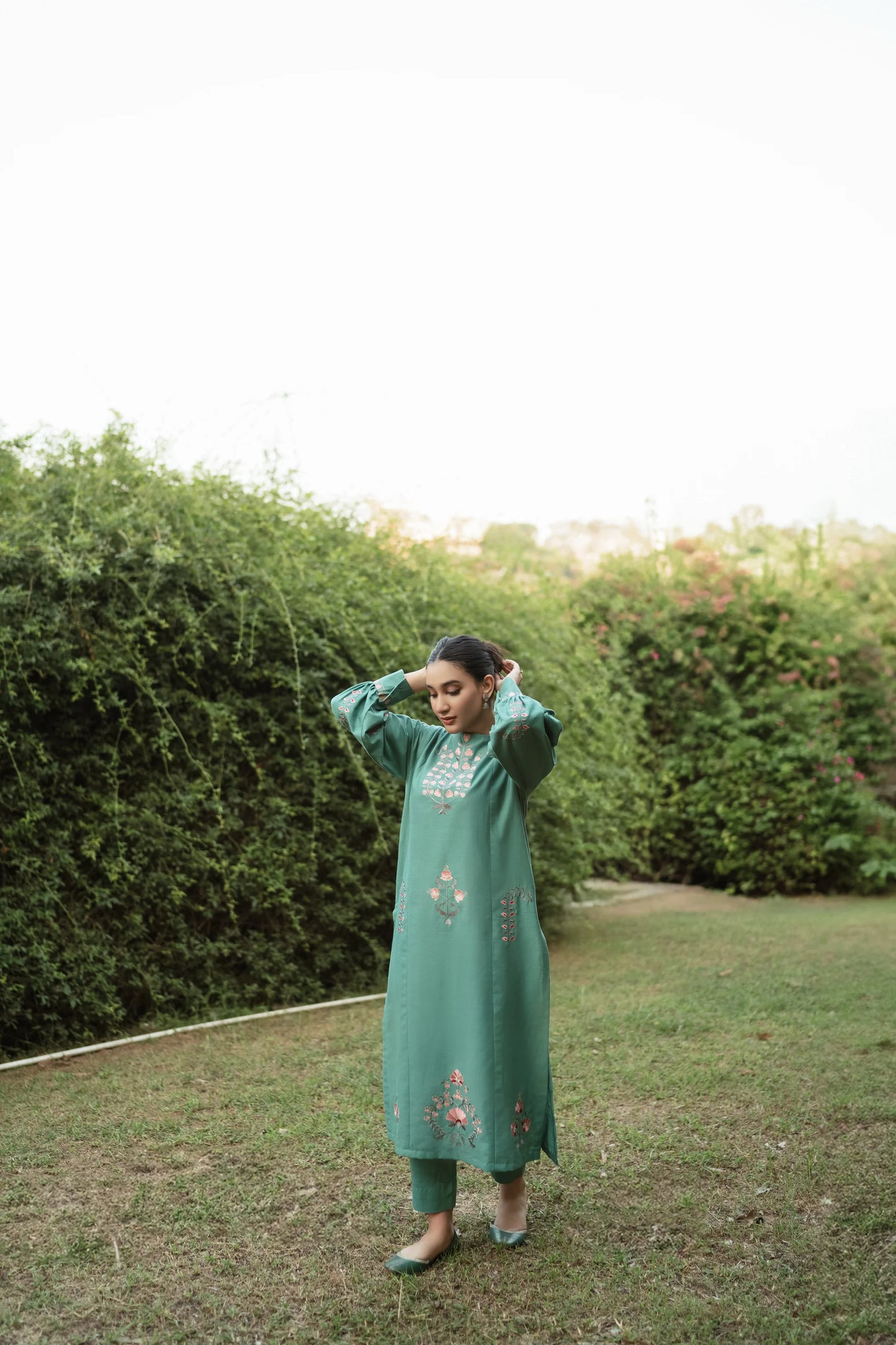 HANA- 2PC DHANAK EMBROIDERED SHIRT WITH DHANAK EMBROIDERED SLEEVES-BIC-3370