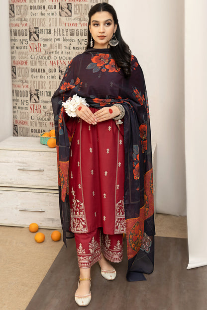 URGE - 3PC DHANAK EMBROIDERED SHIRT WITH COUTURE PRINTED SHAWL AND EMB TROUSER-BIC-3205