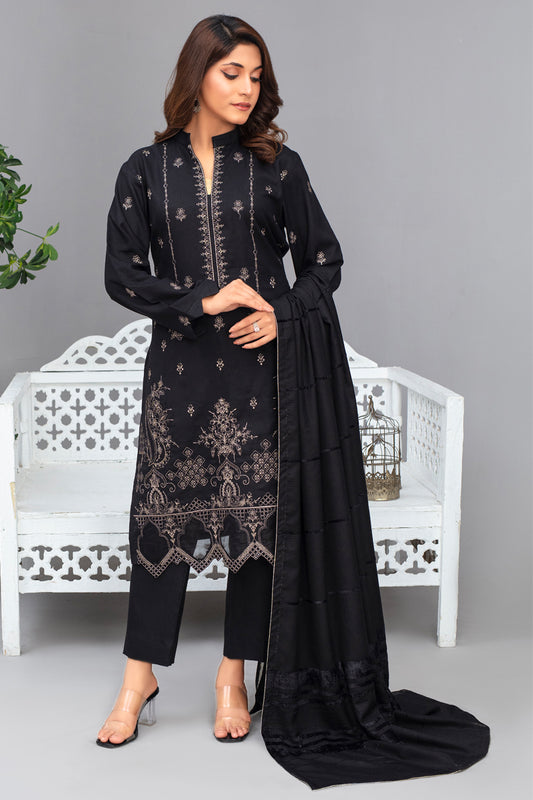 Brands inn-3PC Dhanak Embroidered Shirt with Velvet Dhanak Shawl and Trouser-Bic- 2678- BLACK