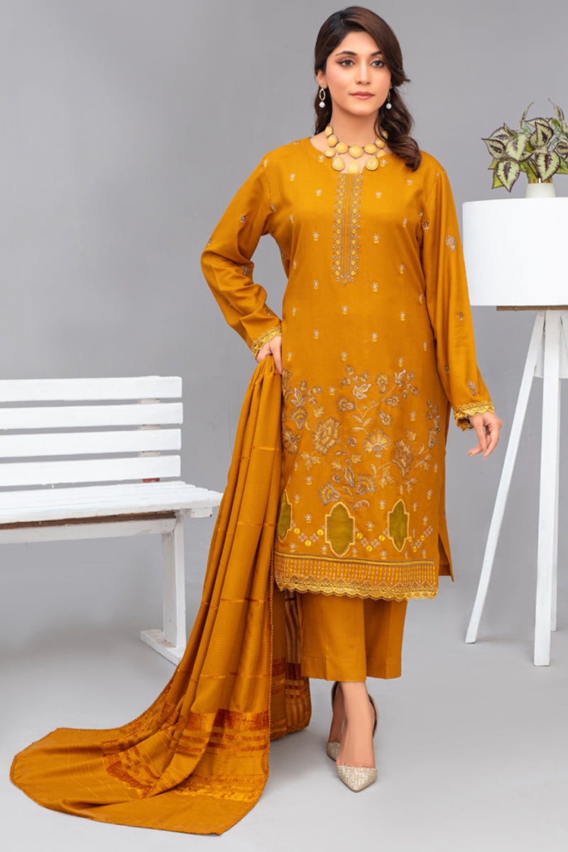 Brands inn-3PC Dhanak Embroidered Shirt with Velvet Dhanak Shawl and Trouser-Bic-2678- Y