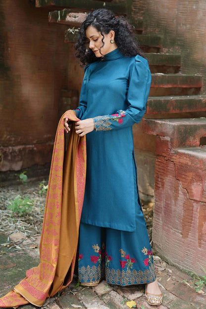 MARIA B - 3PC DHANAK  EMBROIDERED SHIRT WITH WOOL PRINTED SHAWL AND TROUSER-BIC-3246