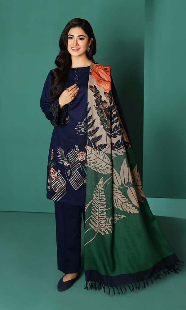 NISHAT- 3PC DHANAK EMBROIDERED SHIRT WITH WOOL PRINT SHAWL AND TROUSER-BIC-3270