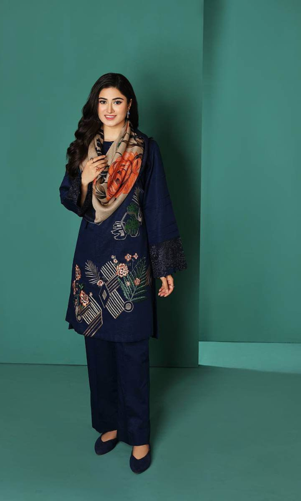 NISHAT- 3PC DHANAK EMBROIDERED SHIRT WITH WOOL PRINT SHAWL AND TROUSER-BIC-3270