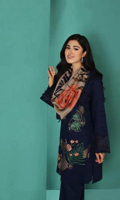 NISHAT- 3PC DHANAK EMBROIDERED SHIRT WITH WOOL PRINT SHAWL AND TROUSER-BIC-3270