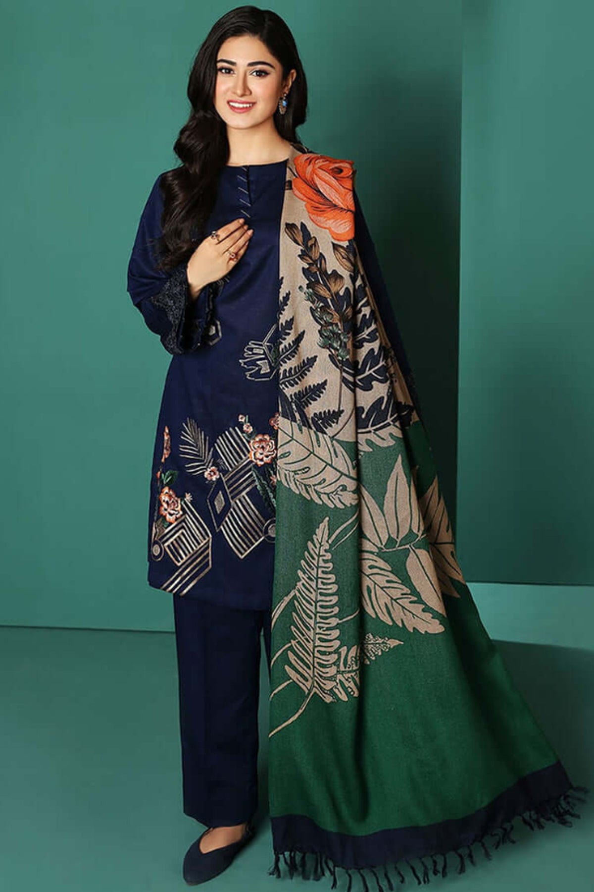 NISHAT- 3PC DHANAK EMBROIDERED SHIRT WITH WOOL PRINT SHAWL AND TROUSER-BIC-3270