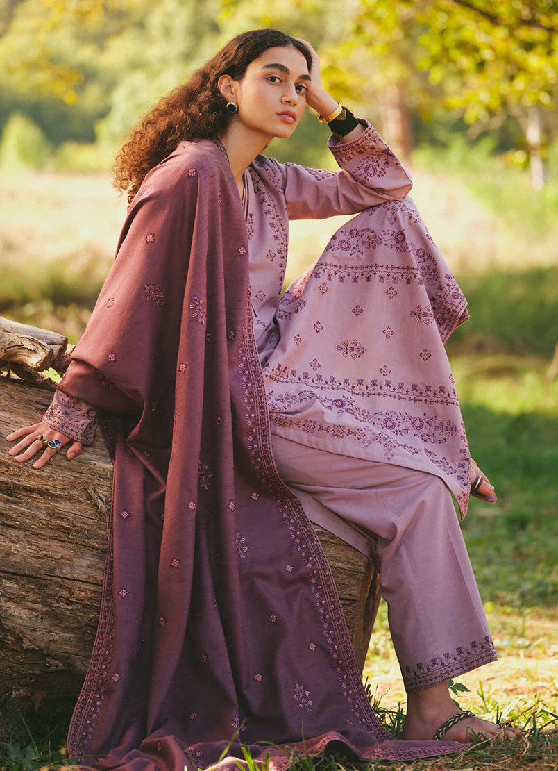 MARIA B - 3PC DHANAK EMBROIDERED SHIRT WITH DHANAK EMBROIDERED SHAWL AND TROUSER-BIC-3101