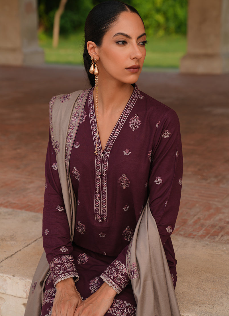 IMAGE-3PC DHANAK EMBROIDERED SHIRT DHANAK EMBROIDERED SHAWL AND TROUSER-BIC-3333