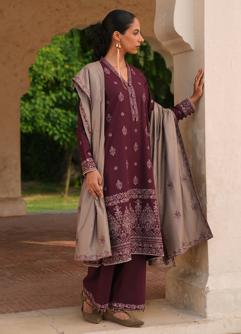 IMAGE-3PC DHANAK EMBROIDERED SHIRT DHANAK EMBROIDERED SHAWL AND TROUSER-BIC-3333